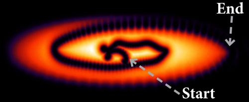 Viewed from the side, a computer simulation clearly shows the winding path that a vortex takes through a superfluid over time. Such a view was inaccessible in the original experiment that scientists sought to simulate. Photo by Peter Scherpelz