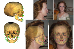 Von vorne und von der Seite: Gesichtsrekonstruktion mit eingeblendetem Schädel. Bild Quelle: Ursula Wittwer-Backofen, Biologische Anthropologie, Universität Freiburg