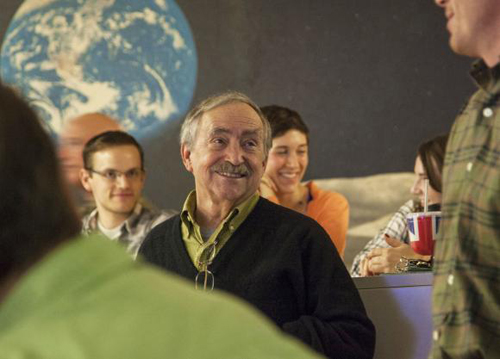 Critical moment. Peter Schultz and colleagues react to news that the ESA’s Philae Lander has reached the surface of the comet. Photo credit: Mike Cohea/Brown University