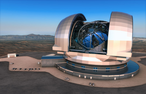 Diese künstlerische Darstellung zeigt das European Extremely Large Telescope (E-ELT) in seiner Kuppel. Das E-ELT wird Teleskop für sichtbares Licht und das nahe Infrarot mit einen Hauptspiegel von 39 Metern Durchmesser auf dem Cerro Armazones in der chilenischen Atacamawüste werden, 20 Kilometer vom Very Large Telescope auf dem Cerro Paranal entfernt. Es wird gewissermaßen das größte Auge sein, das die Menschheit auf den Himmel richtet. Image credit: ESO/L. Calçada