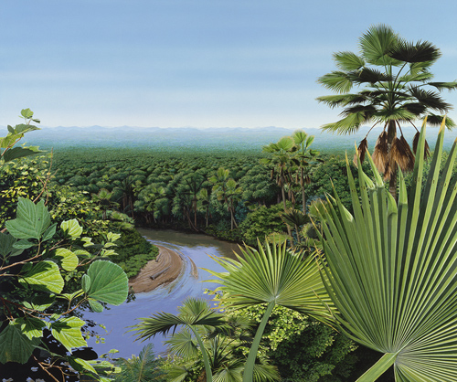A post-apocalyptic forest: This post-extinction landscape is lush from warm weather and ample rain along the Front Range, but there are only a few types of trees. Extinct relatives of sycamores, walnut trees and palm trees are the most common. (Image by Donna Braginetz; courtesy of Denver Museum of Nature & Science)
