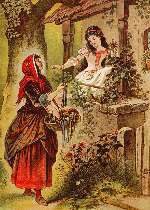 The Queen in disguise, offering a poisoned apple to Snow White. Image credit: Leutemann or Offterdinger, photo by Harke (Source: Wikipedia)