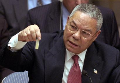 Colin Powell holding a model vial of anthrax while giving a presentation to the United Nations Security Council. Photo credit: United States Government (Source: Commons.Wikimedia)