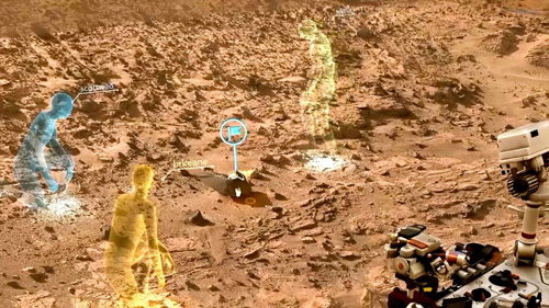 A screen view from OnSight, a software tool developed by NASA's Jet Propulsion Laboratory in collaboration with Microsoft. OnSight uses real rover data to create a 3-D simulation of the Martian environment where mission scientists can "meet" to discuss rover operations. Image credit: NASA/JPL-Caltech