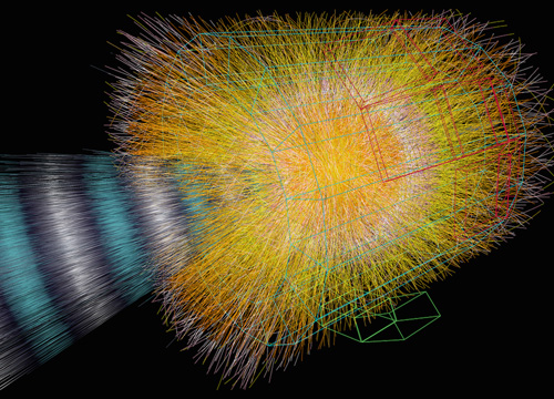 A simulated collision of lead ions, courtesy the ALICE experiment at CERN. Image credit: Berkeley Lab