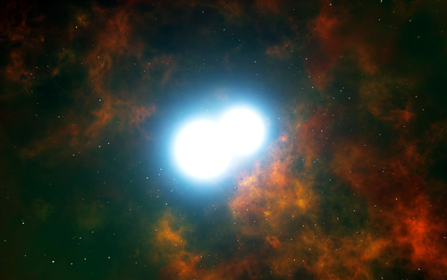 Diese künstlerische Darstellung zeigt den Zentralbereich des Planetarischen Nebels Henize 2-428. Der Kern dieses einzigartigen Objekts besteht aus zwei Weißen Zwergen, die jeweils eine Masse von etwas unter einer Sonnenmasse haben. Man geht davon aus, dass sie sich auf spiralförmigen Umlaufbahnen immer näher kommen und innerhalb der nächsten 700 Millionen Jahre miteinander verschmelzen. Dabei kommt es zu einer gewaltigen Supernovaexplosion vom Typ Ia, die beide Sterne zerstören wird. Image credit: ESO/L. Calçada