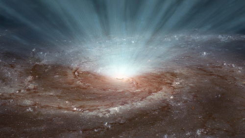 Supermassive black holes at the cores of galaxies blast radiation and ultra-fast winds outward, as illustrated in this artist's conception. Image credit: NASA/JPL-Caltech