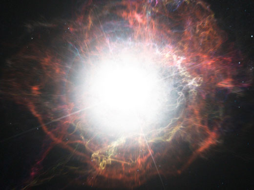 Eine künstlerische Darstellung der Umgebung um eine Supernova-Explosion, in der auch frisch produziertes Eisen-60 ins interstellare Medium abgegeben wird (Image copyright: ESA/M. Kornmesser).
