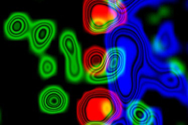 Die Kernporen (rot) sind die Eingangspforten zum Zellkern, der die genetische Information (blau) enthält. Das Protein p75NTR (grün) macht diese Kernporen für bestimmte Moleküle durchlässig. Foto credit: Akassoglou lab, Gladstone Institutes