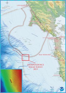 The shipwreck site of the former aircraft carrier, Independence, is located in the northern region of Monterey Bay National Marine Sanctuary. Half Moon Bay, California was the port of operations for the Independence survey mission. The first multibeam sonar survey of the Independence site was conducted by the NOAA ship Okeanos Explorer in 2009. Image credit: NOAA’s Office of Ocean Exploration and Research and NOAA’s Office of National Marine Sanctuaries (click image to enlarge)