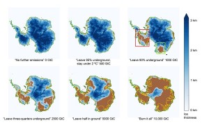 This chart shows how Antarctic ice would be affected by different emissions scenarios. (GtC stands for gigatons of carbon.) It is provided courtesy of Ken Caldeira and Ricarda Winkelmann. (Click image to enlarge)