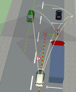 Szenarien wie diese könnten künftig durch die Kommunikation der Fahrzeuge untereinander gelöst werden. Im abgebildeten Fall verständigen sie sich darauf, dass sie zunächst den Fußgänger die Straße überqueren lassen, dass dann das weiße Fahrzeug seine Fahrt fortsetzt, und schließlich das grüne Fahrzeug vor dem LKW einparkt. Bild-Credits: truck: copyright resources.blogscopia (licensed under creative commons 2.5 CC BY 2.5); small concept car: copyright doschdesign (licensed under creative commons 2.5 generic CC BY 2.5) (Click image to enlarge)