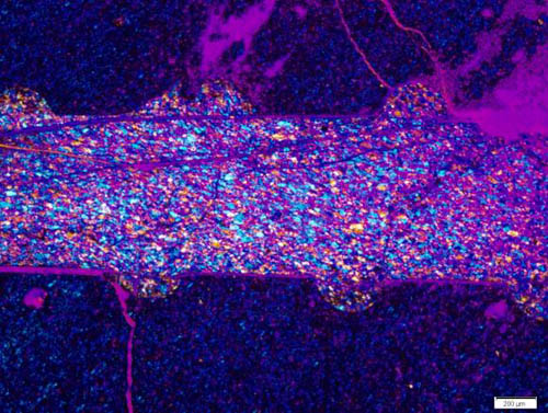 The mineral lawsonite undergoes brittle failure at high temperature and pressure, as evidenced by the cracks seen in the sample above. That brittleness could trigger earthquakes in subduction zones where lawsonite is present. Image credit: Hirth lab/Brown University