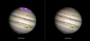 Jupiter’s X-ray emission (in magenta and white, for the brightest spot, overlaid on a Hubble Space Telescope optical image) captured by Chandra as a coronal mass ejection reaches the planet on 2 October 2011, and then after the solar wind subsides on 4 October 2011. Image credit: Joseph DePasquale, Smithsonian Astrophysical Observatory Chandra X-ray Center (Click image to enlarge)