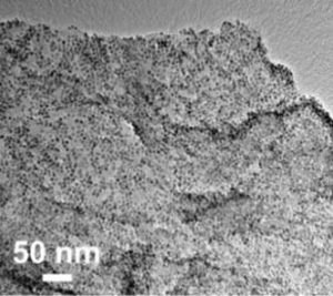 Nitrogen-rich graphene festooned with finely tuned copper nanoparticles selectively converts carbon dioxide to ethylene. Image credit: Sun Lab / Brown University