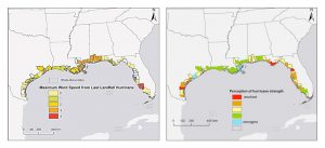 Princeton University-led research found that people's view of future storm threat is based on their hurricane experience, gender and political affiliation, despite ample evidence that Atlantic hurricanes are getting stronger. This could affect how policymakers and scientists communicate the increasing deadliness of hurricanes as a result of climate change. The figure above shows the wind speed of the latest hurricane landfall (left) on the U.S. Gulf Coast by county up to 2012, with red indicating the strongest winds. The data on the right show for the same area, by county, public agreement with the statement that storms have been strengthening in recent years, which was posed during a 2012 survey. Blue indicates the strongest agreement, while red equals the least agreement. Image courtesy of Ning Lin, Department of Civil and Environmental Engineering (Click image to enlarge)