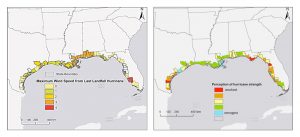 Princeton University-led research found that people's view of future storm threat is based on their hurricane experience, gender and political affiliation, despite ample evidence that Atlantic hurricanes are getting stronger. This could affect how policymakers and scientists communicate the increasing deadliness of hurricanes as a result of climate change. The figure above shows the wind speed of the latest hurricane landfall (left) on the U.S. Gulf Coast by county up to 2012, with red indicating the strongest winds. The data on the right show for the same area, by county, public agreement with the statement that storms have been strengthening in recent years, which was posed during a 2012 survey. Blue indicates the strongest agreement, while red equals the least agreement. Image courtesy of Ning Lin, Department of Civil and Environmental Engineering (Click image to enlarge)