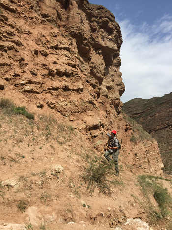 Alexis Licht points to sedimentary rock that contains layers of dust dating back to the Eocene. During that era, atmospheric carbon dioxide was three to four times higher than it is today. Image credit: Alexis Licht/University of Washington