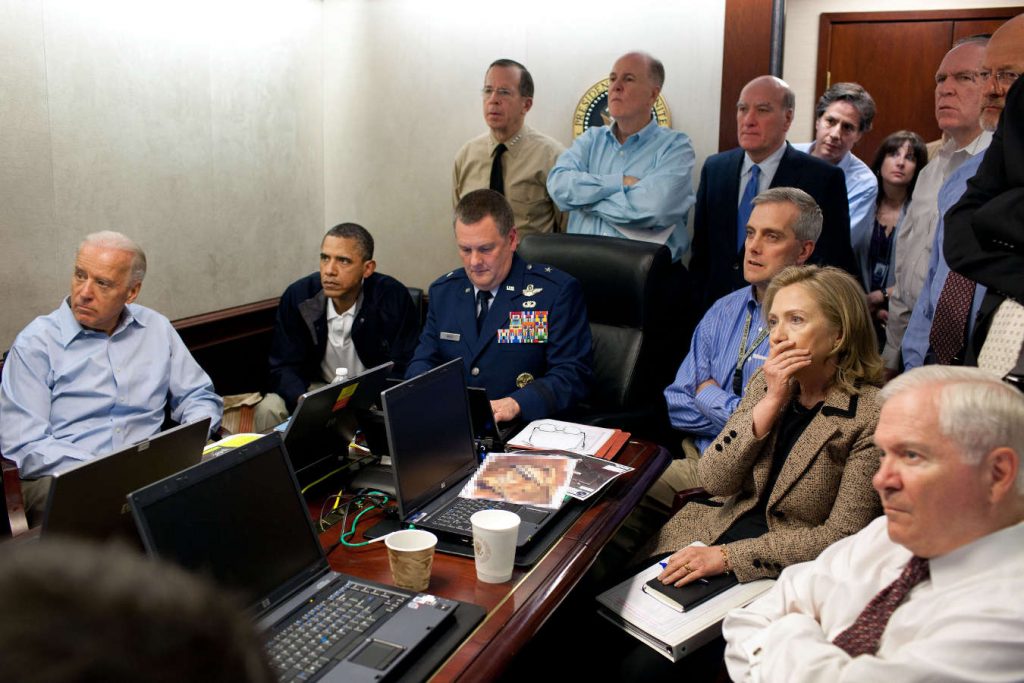 President Barack Obama watching live feed from drones operating over the bin Laden's complex in Abbottabad, Pakistan on May 1, 2011. Photo credit: Pete Souza Source: Wikipedia (Click image to enlarge)