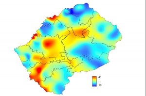 UCLA researchers created a predictive map of the population density of adults in Lesotho who have HIV. Densities range from 10 percent (blue) to 41 percent (red). Image Courtesy of Sally Blower (Click image to enlarge)