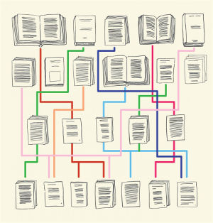 Studying intertextuality shows how books are related in various ways and are reorganized and recombined over time. Image courtesy of Elena Poiata. 