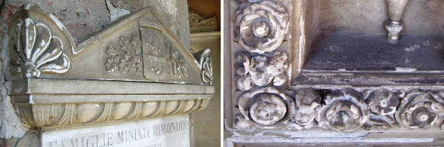 Using a calcium compound commonly found in bones and teeth, Princeton researchers led by George Scherer, the William L. Knapp ’47 Professor of Civil Engineering, are developing a method to protect marble structures from environmental damage. These images show decay of marble structures in the Certosa di Bologna cemetery in Italy. (Photos by Enrico Sassoni, visiting postdoctoral research associate, Department of Civil and Environmental Engineering) 