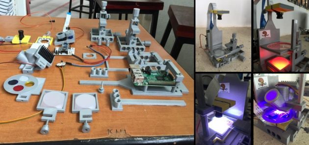 Kostengünstiges Labor zum Selberbauen: Das Gerüst des FlyPi-Systems lässt sich im 3D-Drucker herstellen und selbst montieren, Elektronik und motorisierte Teile mithilfe von Open-Source-Software selbst programmieren. Foto credit: Tom Baden / CIN