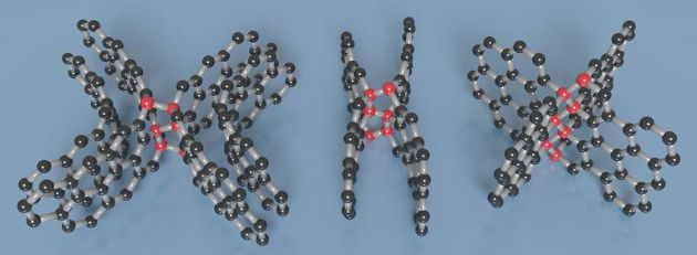 A visualization of the different types of diamond-like linkages (red spheres) formed at curved surfaces or between the layers of graphene (black spheres) in this new type of compressed glassy carbon. Image courtesy of Timothy Strobel. 