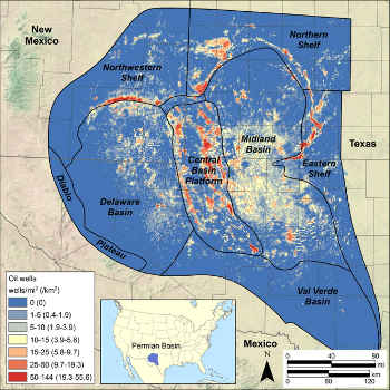 A map showing the Permian Basin and the distribution of oil wells in the region. Image credit: Bridget Scanlon/UT Austin