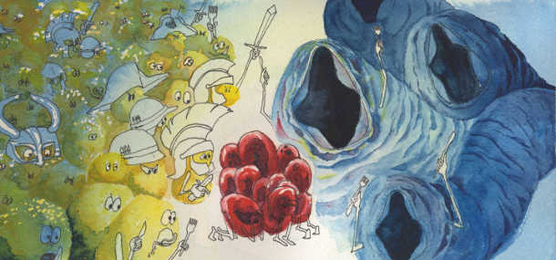By looking at malaria infections (yellow) and hookworms (gray) as competitors battling over a key resource — red blood cells — Princeton ecologists Andrea Graham and Sarah Budischak were able to explain why co-infected patients got sicker after being dewormed: without the hookworms to keep them in check, the malaria infection ran rampant. Illustration by Matilda Luk, Office of Communications