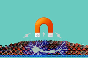 In an artist’s conception, a magnet pulls small magnetic particles inside a gel to control a neural cell’s flow of certain ions. Image credit: UCLA Samueli 